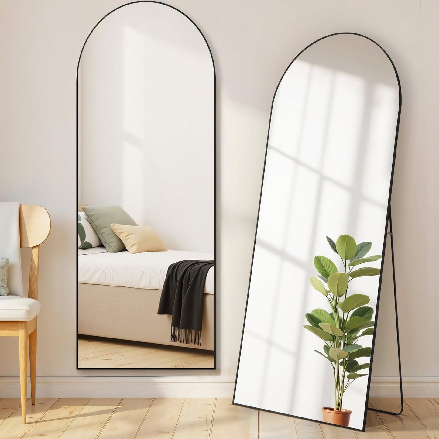 Arched Mirror Full Length, Upgraded 16"x59" Body Wall Mirrors with Shatter-Proof Glass, Floor Standing, Hanging or Leaning, Tall Arch Mirror with Stand Aluminum Alloy Frame for Bedroom, Black