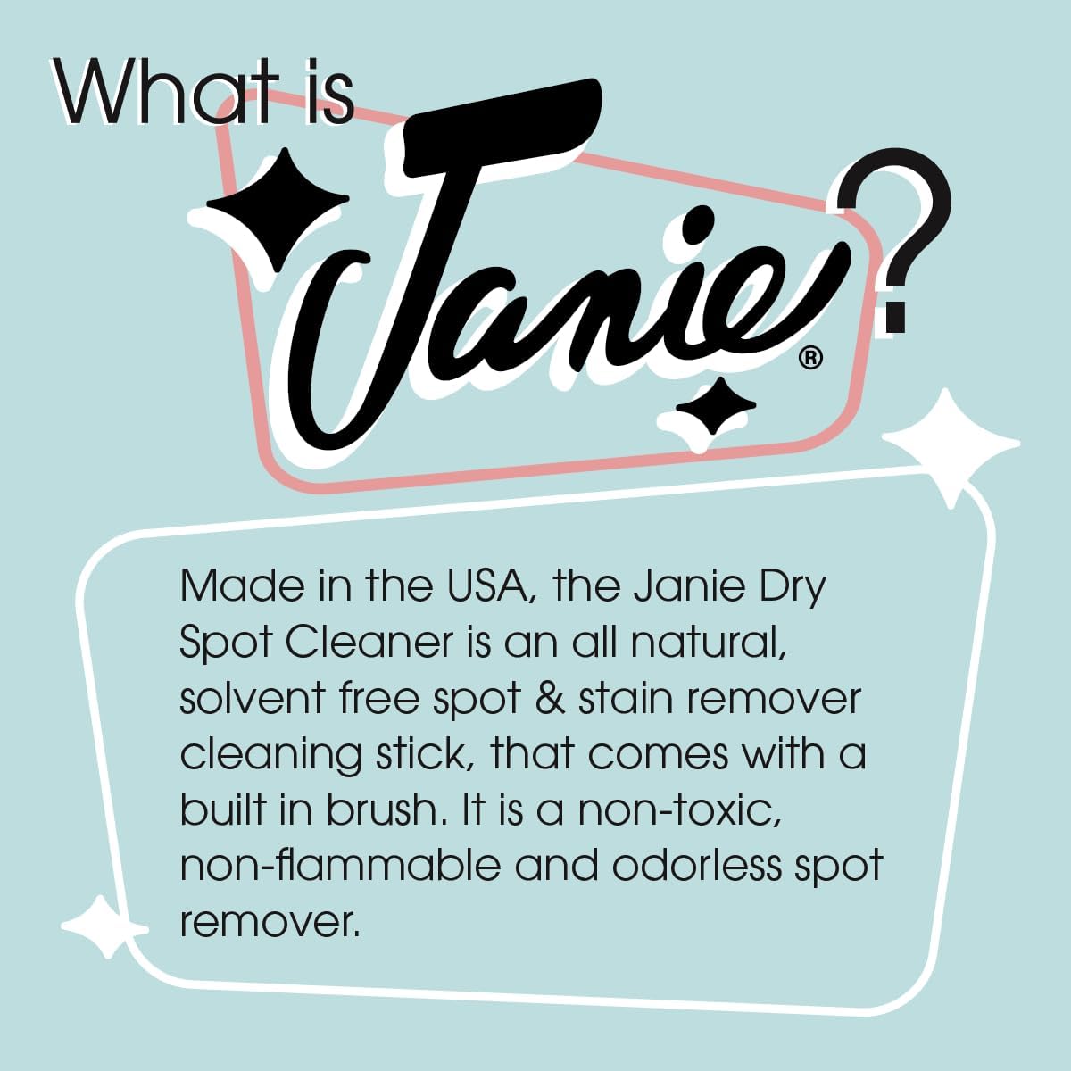 Janie Dry Stick Spot Cleaner (.4 oz) – Portable Instant Stain Remover Stick for Clothes – Magic Eraser Pen for Laundry, Travel, and On-the-Go Stain Removal – Compact, Safe, and Easy to Use