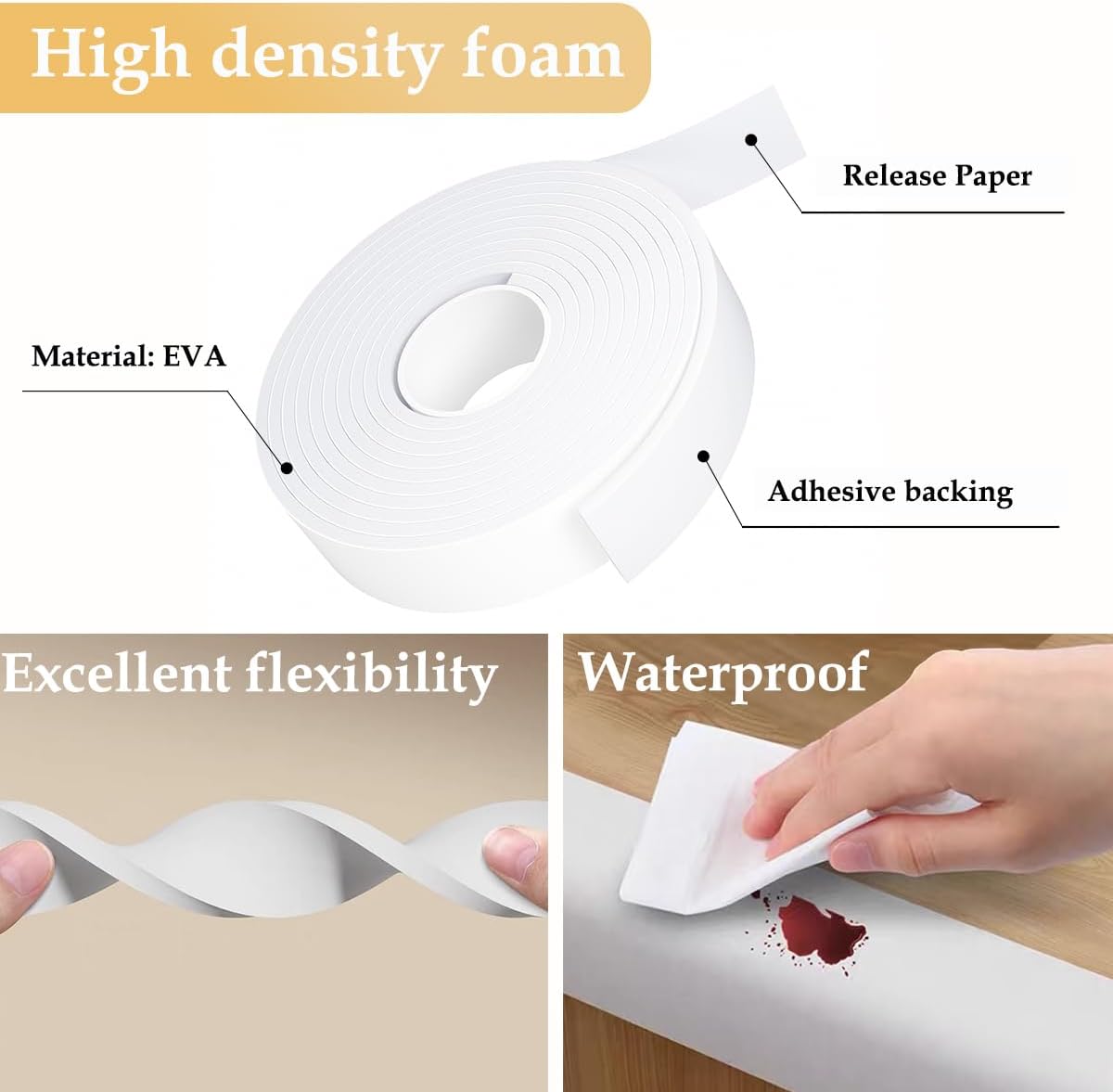 Weather Stripping Door Seal White,1/2Inch Wide X 1/4 Inch Thick,Air Conditioner Window Seal,Self Adhesive Foam Tape High Density Foam Sealing Strip,Soundproof Foam Tape Roll,Total 16.4 Feet Long