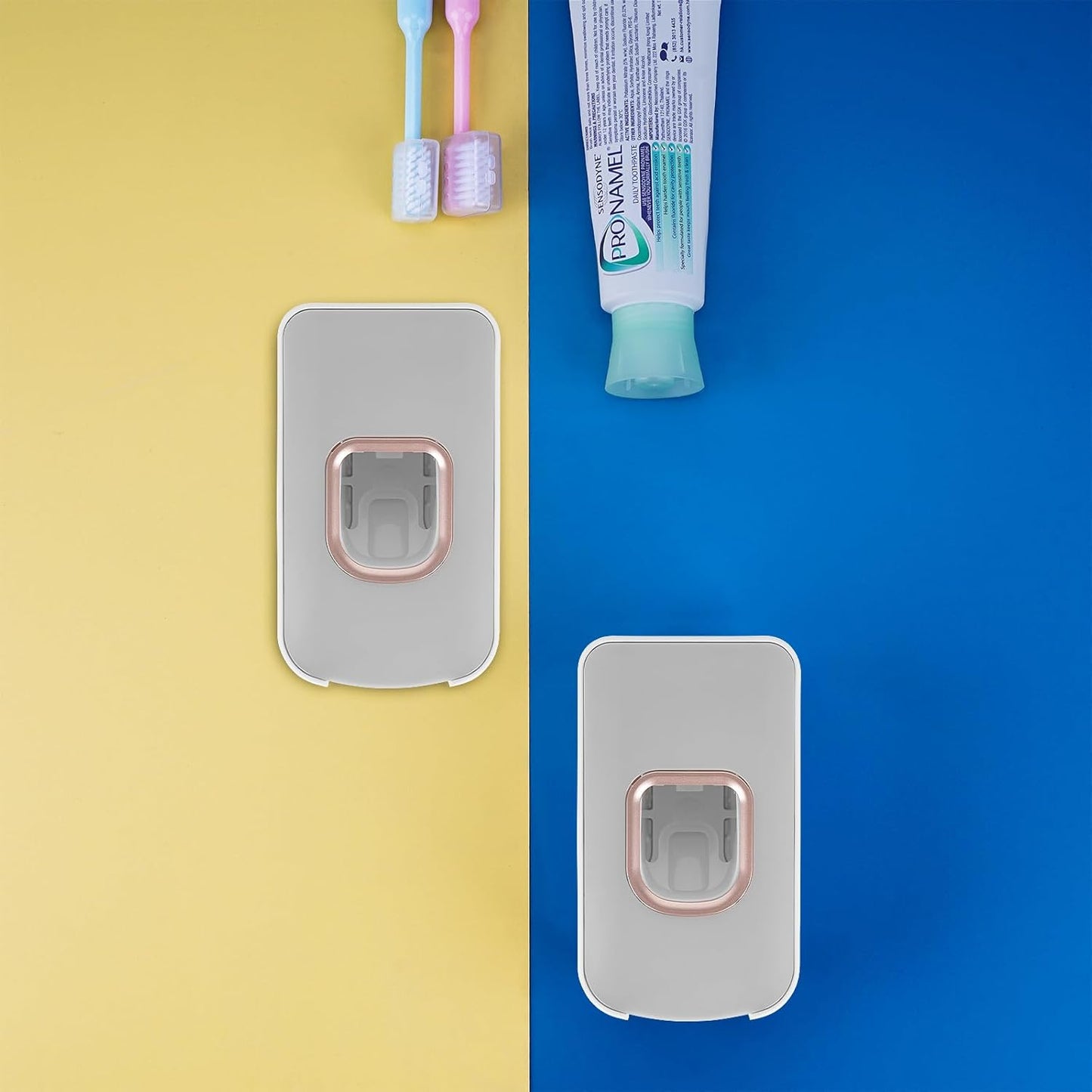 2 Slot Toothbrush Holder and Toothpaste Dispenser Wall Mounted, Automatic Toothpaste Squeezer, 2 in 1 Tooth Brush Toothpaste Organizer for Shower (Grey)