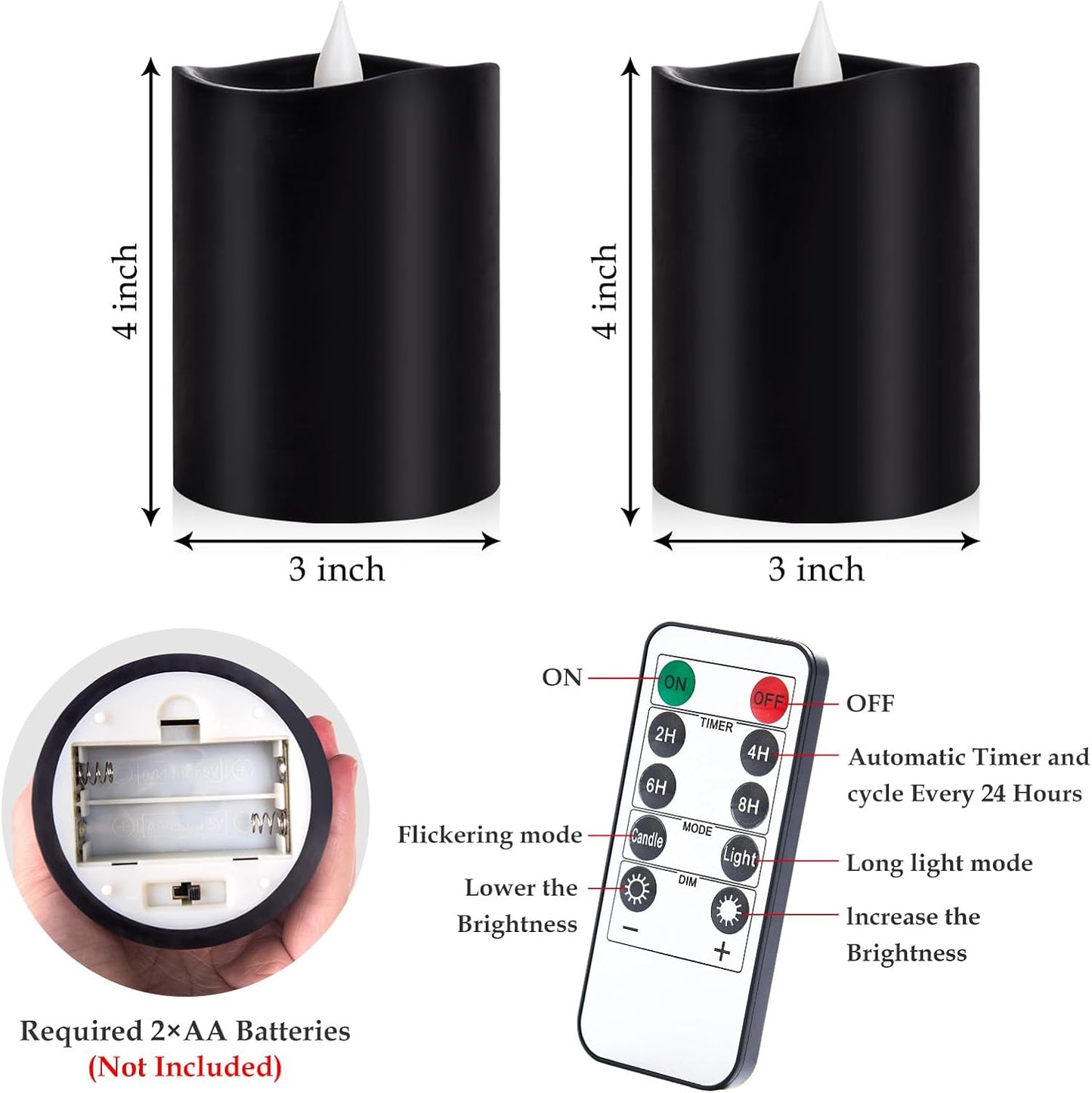 3"x4" Flickering Flameless Battery Candles with Timer, White Realistic LED Pillar Candles, Set of 2 Large Remote-Operated Candles for Home Indoor/Outdoor & Holiday Decor