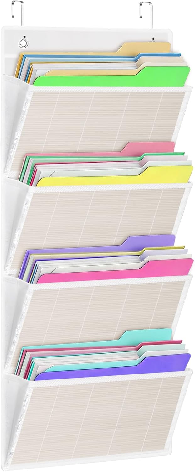 homyfort Over the Door File Organizer, Wall Hanging File Folders with 5 Large Pocket for Mails, Magazines, Back to School Supplies,Office Chart Storage, Paper Organization (Grey)