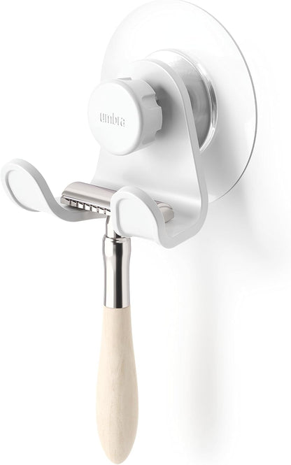 Umbra Flex Adhesive Double-Hook for Bathroom Shower Tub, Holds Towels, Washcloths, Loofahs, Razor, and More, White