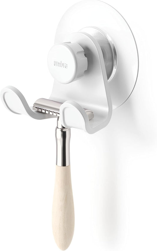 Umbra Flex Adhesive Double-Hook for Bathroom Shower Tub, Holds Towels, Washcloths, Loofahs, Razor, and More, White