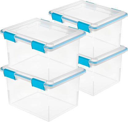 Sterilite 4-Pack Gasket Box, Home Storage Organizer Bins with Lids, 37 Quart – Stackable Clear Plastic Containers for Bedroom, Bathroom, Garage, Basement, or Attic