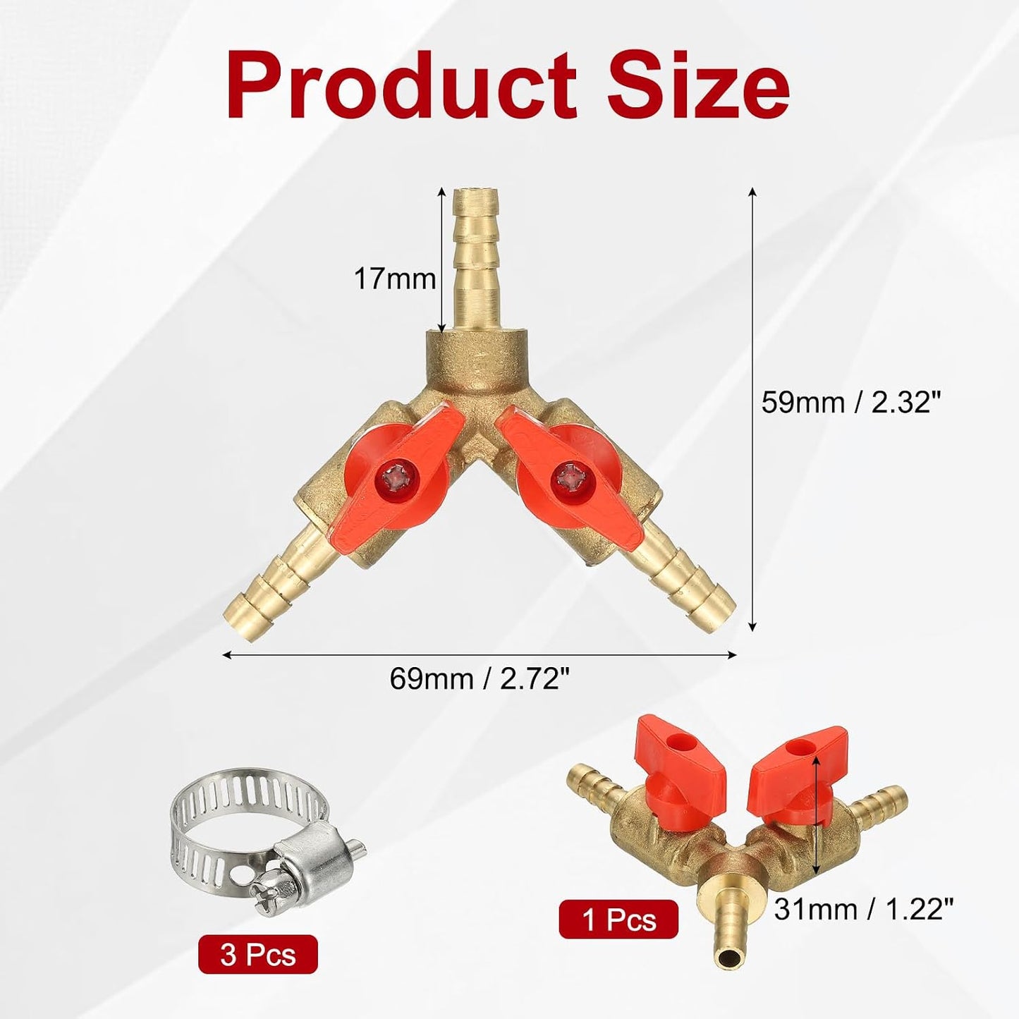 PATIKIL 3 Way Shut Off Ball Valve, 1/4" Y Shaped 3 Way Brass Garden Hose Barb Splitter Line Sprayer Parts Coolant Hose Valve Fitting with 2 Red Switch for Gas Fuel Oxygen, 1 Set