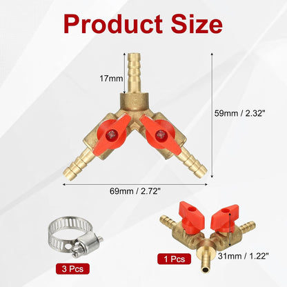 PATIKIL 3 Way Shut Off Ball Valve, 1/4" Y Shaped 3 Way Brass Garden Hose Barb Splitter Line Sprayer Parts Coolant Hose Valve Fitting with 2 Red Switch for Gas Fuel Oxygen, 1 Set