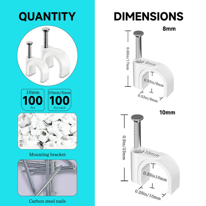 100PCS Cable Staples,10mm Cable Clips White,Cable Wire Clips Nail in Clips for Round Ethernet Cables Wall Clips Cable Tacks Electrical Wire TV Cable Speaker Wire Coax Clips (100Pcs 10mm)