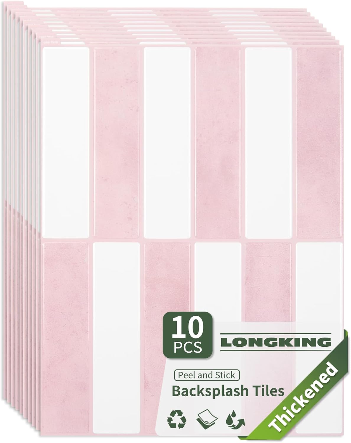 LONGKING 10-Sheet Thickened Peel and Stick Subway Tile Backsplash for Kitchen, Vertical Strip Design, Marble Tile, Waterproof Wall Sticker for Kitchen & Bathroom, Beige&White