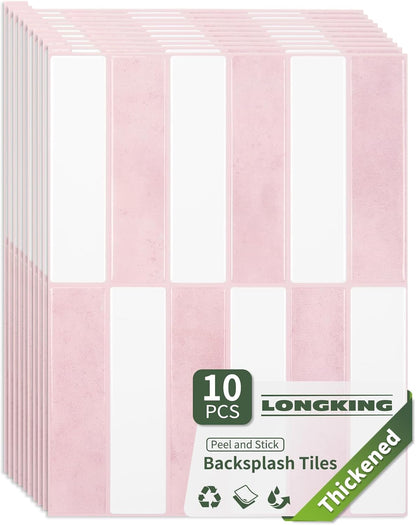 LONGKING 10-Sheet Thickened Peel and Stick Subway Tile Backsplash for Kitchen, Vertical Strip Design, Marble Tile, Waterproof Wall Sticker for Kitchen & Bathroom, Beige&White