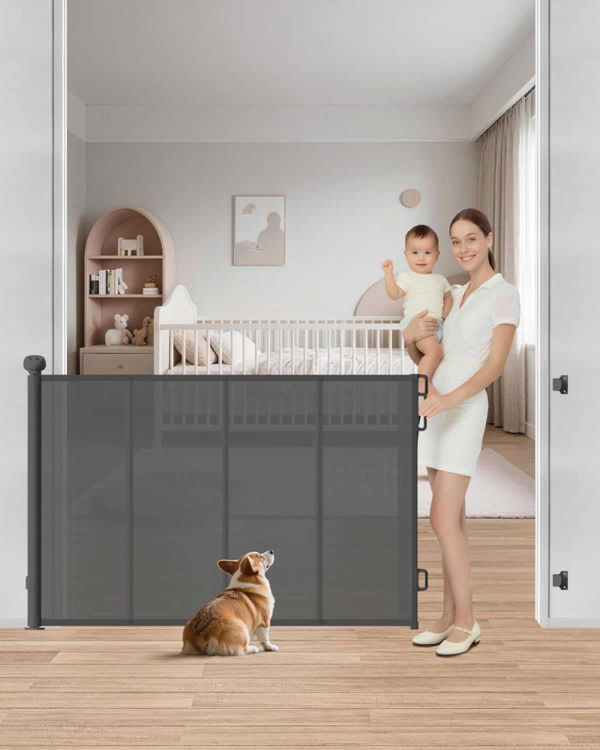 Retractable Baby Gate, 55" Wide Reinforced Mesh Baby Gate with 4 Fiberglass Support Rods for a Tighter Fit, 34" Tall Retractable Dog Gate for Stairways, Hallways and Doorways, Black
