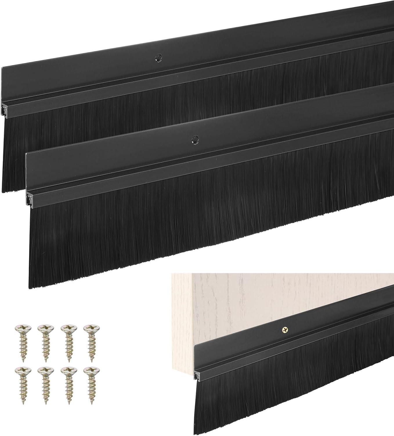 M METERXITY 2Pack Door Sweep - 39" Door Bottom Brush Heavy Duty Seal Draft Stopper Aluminum Base with 50mm Brush, Adhesive/Screw Installation for Interior/Exterior/Garage/Sliding Doors, Black