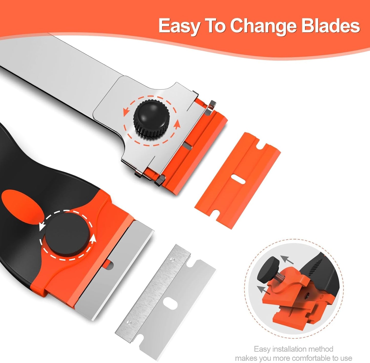 Ywmoml 3 Pack Razor Blade Scraper Set, Includes 30 Plastic & 30 Metal Blades, Multi-Purpose Tool for Glass, Cooktop, Sticker Removal, Paint & Gum Cleaning (Orange)