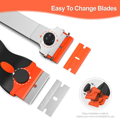 Ywmoml 3 Pack Razor Blade Scraper Set, Includes 30 Plastic & 30 Metal Blades, Multi-Purpose Tool for Glass, Cooktop, Sticker Removal, Paint & Gum Cleaning (Orange)