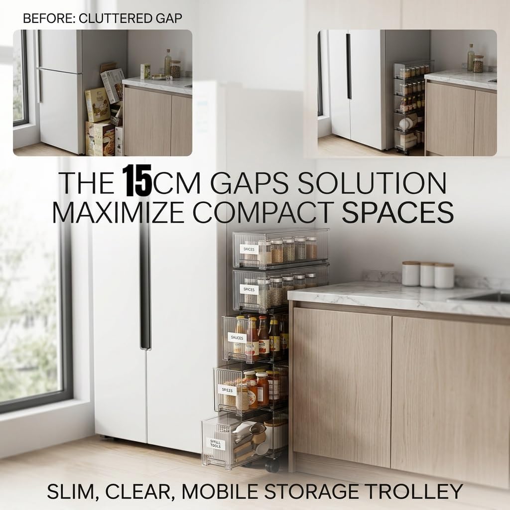 Slim Storage Cabinet with Wheels, Space Saving Narrow Rolling Cart, Thickened PET Transparent Drawer Organizer, Mobile Bathroom for Small Spaces Kitchen Laundry(Clear White,3.9*15.9*16.7in)