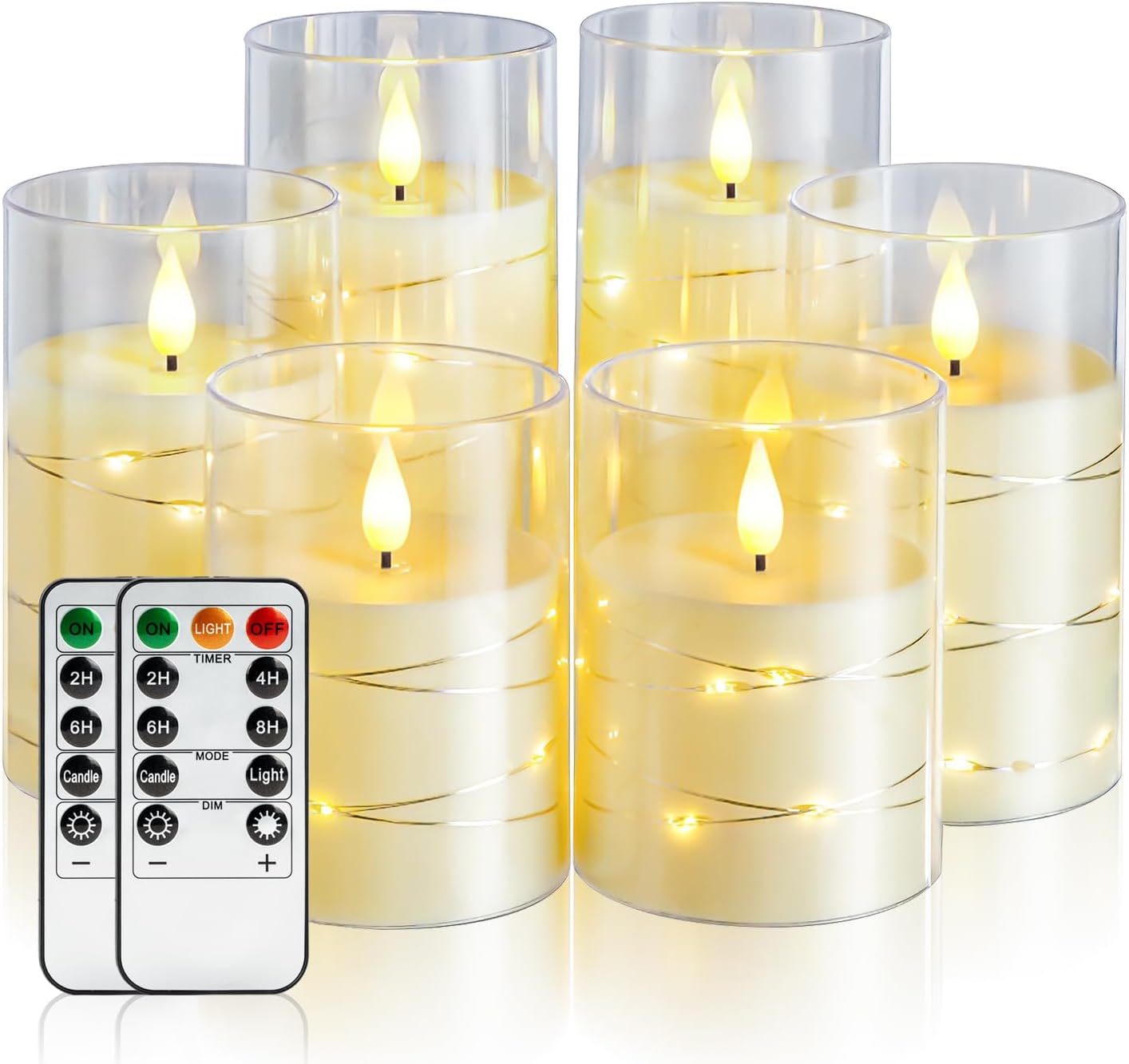 Amagic Red Flameless Candles 3 Set, Flickering Battery Operated Candles Embedded Fairy String Light, Realistic Pillar Candle with Remote Control and Timer, Acrylic, D3 x H4 5" 6"