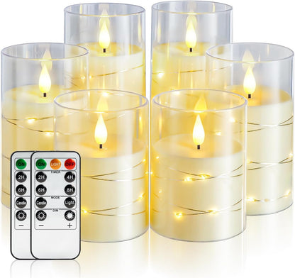 Amagic Red Flameless Candles 3 Set, Flickering Battery Operated Candles Embedded Fairy String Light, Realistic Pillar Candle with Remote Control and Timer, Acrylic, D3 x H4 5" 6"