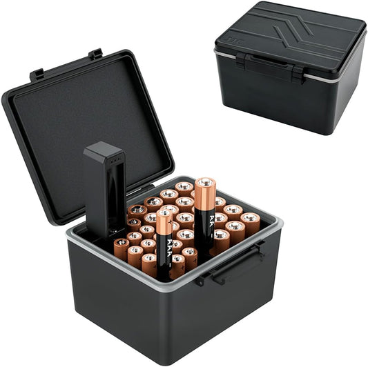 JJC AA AAA Battery Hard Case with Tester Checker, 34 Slots Battery Storage Organizer for 20 AA and 14 AAA Batteries, Water-Resistant and Shockproof Batteries Holder Container