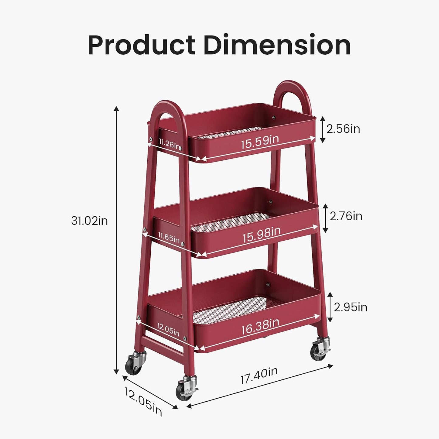 DUMOS 3 Tiers Rolling Cart, Utility Cart, Metal, White | Mobile Storage, Lockable Wheels, Utility Shelving Unit, Kitchen, Bathroom, Laundry, Narrow Places