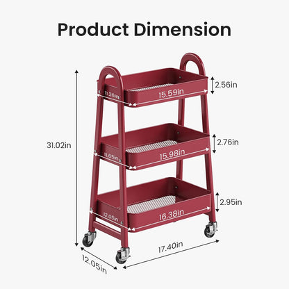 DUMOS 3 Tiers Rolling Cart, Utility Cart, Metal, White | Mobile Storage, Lockable Wheels, Utility Shelving Unit, Kitchen, Bathroom, Laundry, Narrow Places