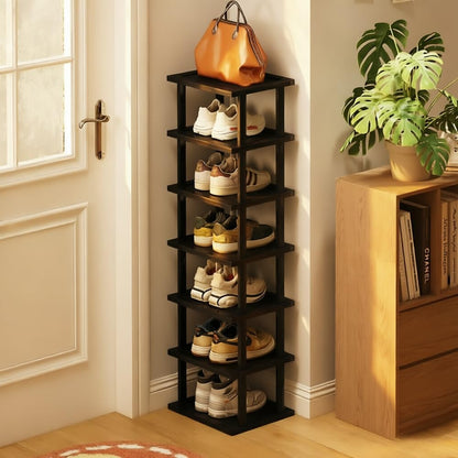 Vertical Shoe Rack - Tall Narrow Shoe Rack Organizer for Small Spaces,5 Tier Bamboo Shoen Shelf for Entryway,Closet,Corner,Doorway,Skinny Shoe Shelf Space Saving Shoe Storage,Free Stackable DIY