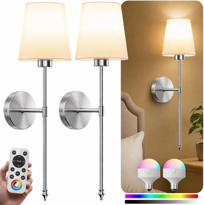 IRONPAX Wall Sconces Battery Operated Set of 2, Wireless Rechargeable Wall Sconce Set of Two, Dimmable Wall Lights with Remote for Bedroom Living Room Hallway Decor (Gold, Fabric Shade)