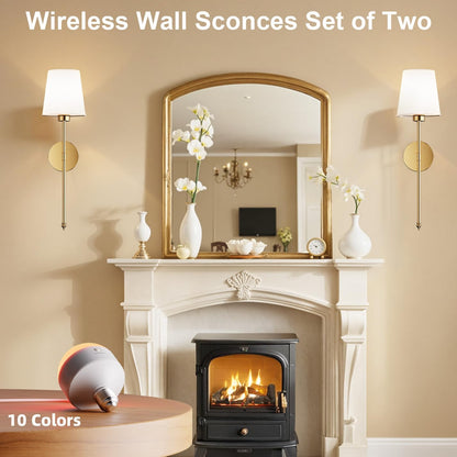 IRONPAX Wall Sconces Battery Operated Set of 2, Wireless Rechargeable Wall Sconce Set of Two, Dimmable Wall Lights with Remote for Bedroom Living Room Hallway Decor (Gold, Fabric Shade)