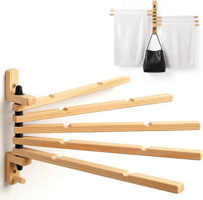 9 x 13 Inch Wood Swivel Towel Rack Wall Mounted Foldable Drying Rack with Anti-Slip Arms, Space Saving Towel Holder for Bathroom Laundry Room Closet, Pine Wood Hanger (5 Bar)
