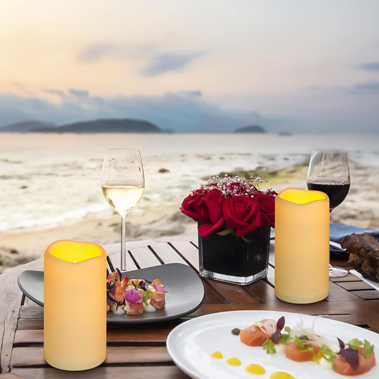 Enido Flameless Candles with Remote, 9 PC Outdoor Waterproof Battery Operated LED Pillar Candles, Flickering Electric Candles with Timer, 3" x 4" 5" 6" for Lantern, Patio, Wedding, Easter