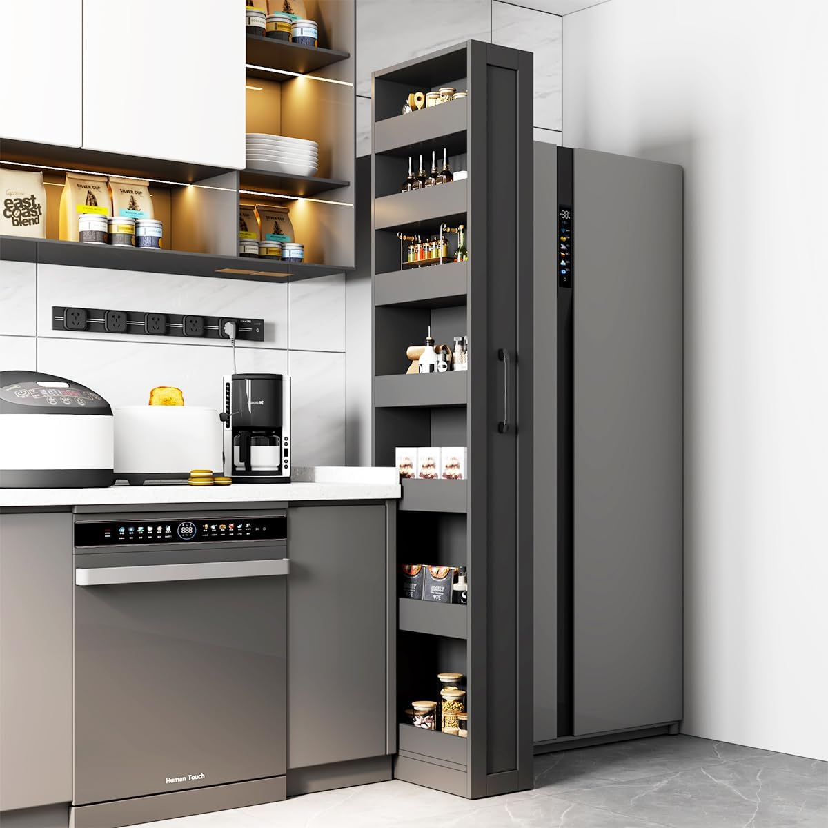 7 Tier multi-functional pull-out storage Cart for Next to Fridge, Rolling Slim Narrow Utility Cart for Small Spaces, Single sided open Spice Rack for Kitchen, Living Room & Narrow Spaces (White)