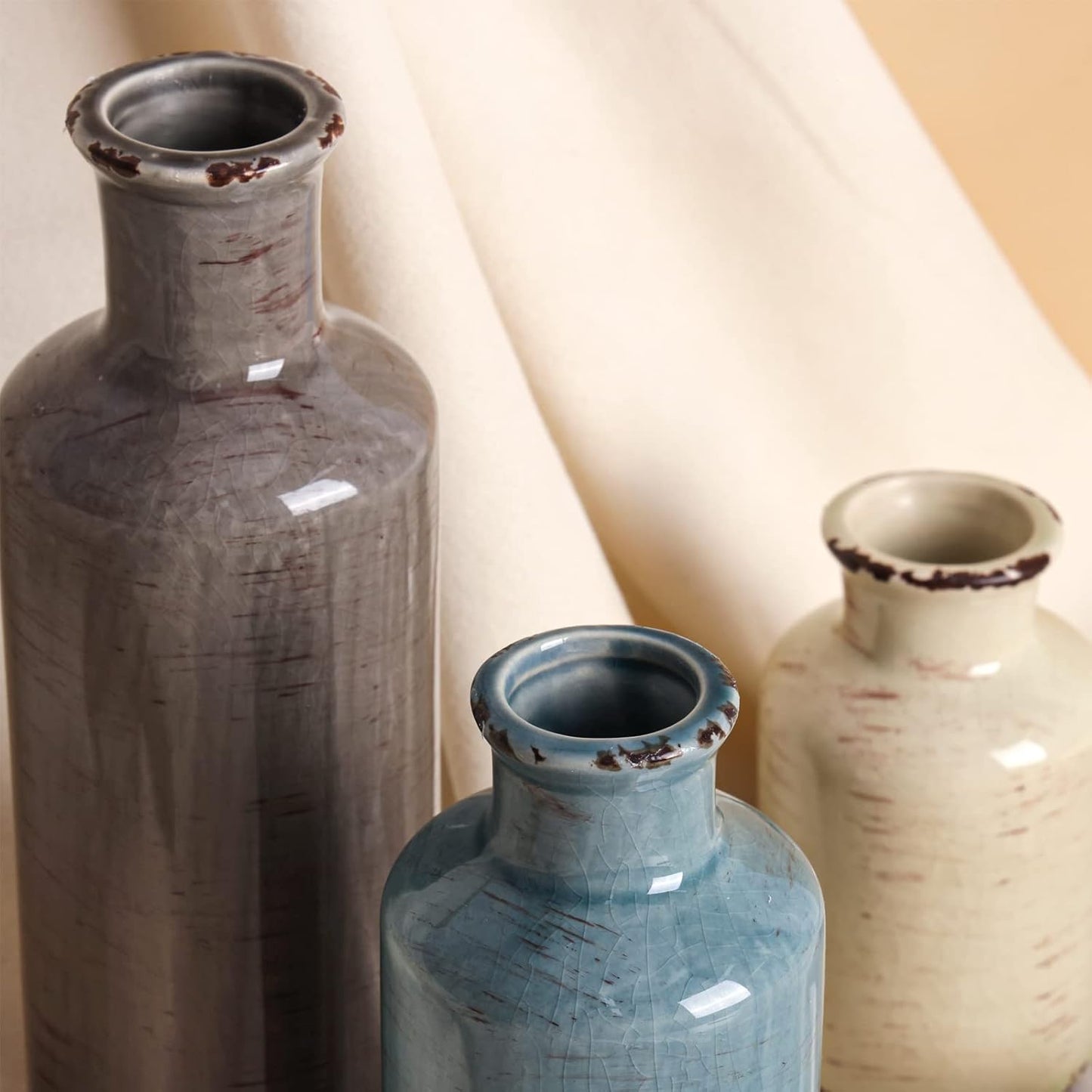 CUCUMI Ceramic Vase Set of 5, Home Decor Farmhouse Décor Handmade Pottery Vases for Pampas Grass, Dried Fresh Flowers, Table, Living Room, Kitchen, Shelf, Entryway Mantel Neutral Tones