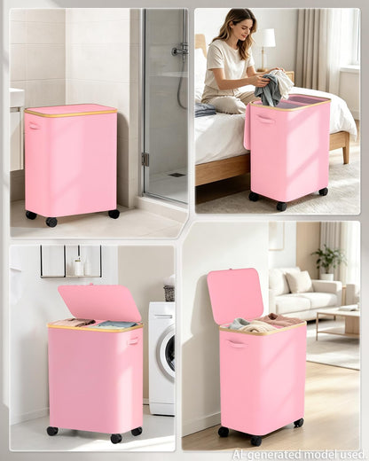 Double Laundry Hamper with Lid and Wheels, 150L Large Laundry Basket with 2 Sections & Removable Liner Bags, Rolling Dirty Clothes Basket with Handles for Bedroom, Bathroom, Dorm, College