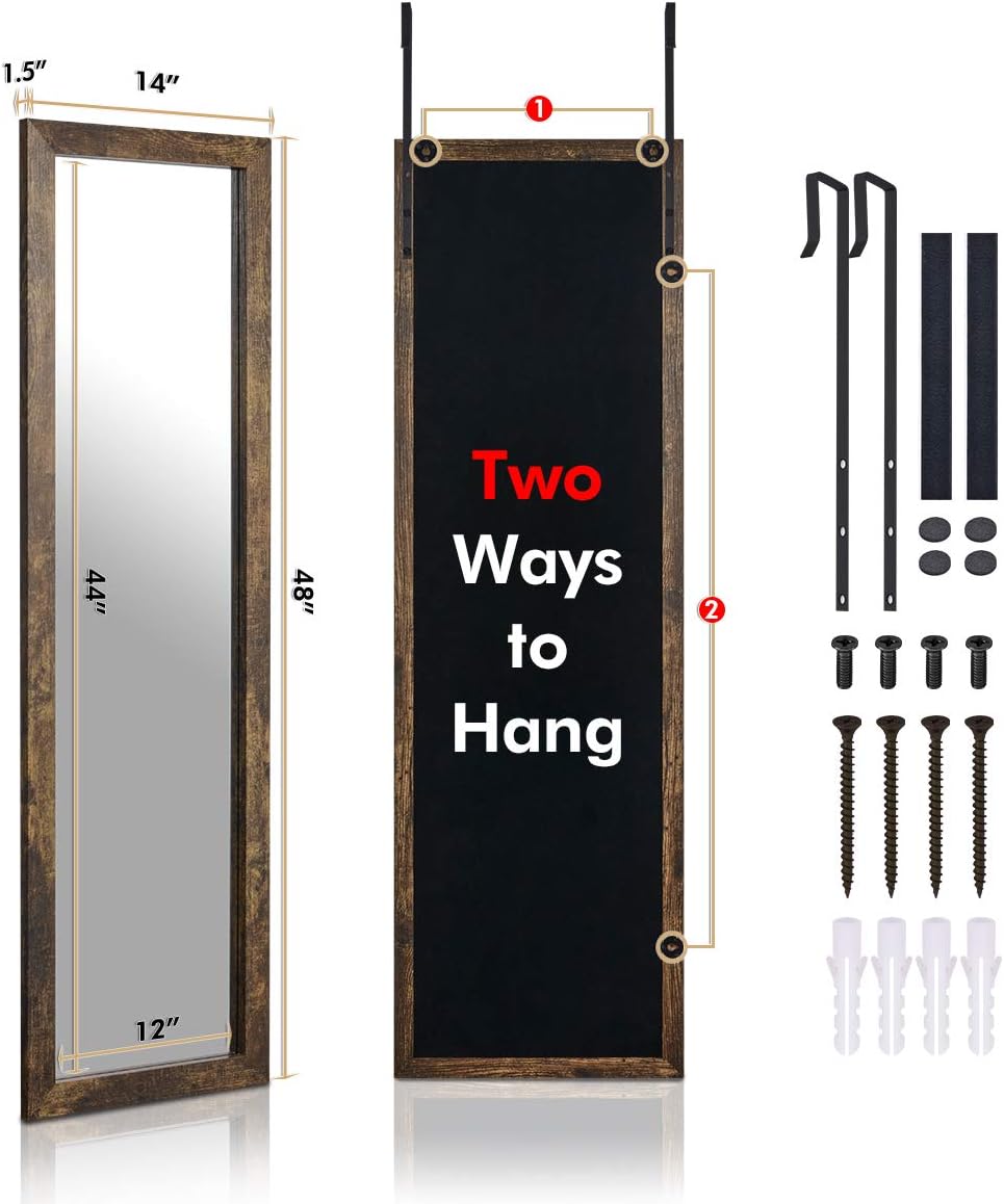 ikkle Wooden Full Length Door Mirror 48" x 14", Rustic Frame | Over The Door Mirror & Wall Mounted Hanging Mirror for Bedroom, Bathroom, Living Room, Dorm Room