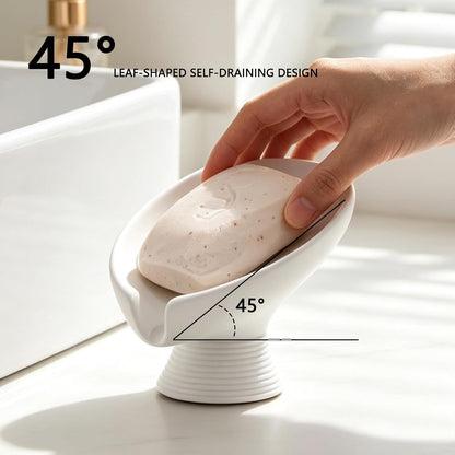 Self Draining Soap Dish with Suction Cup, Leaf Shaped Resin Soap Holder for Bathroom, Shower, Sink & Kitchen (Beige)