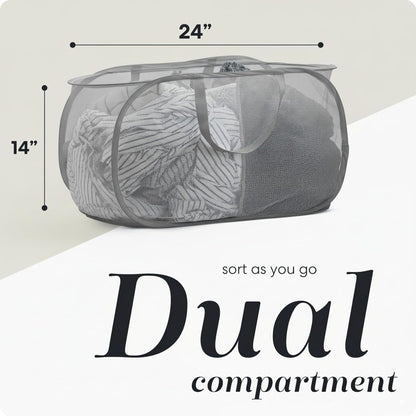 Handy Laundry Collapsible Laundry Basket, 3-Compartment Mesh Laundry Sorter, Foldable Pop Up Hamper with Handles, Space-Saving Durable Organizer for Dorm, Bedroom, Travel, White
