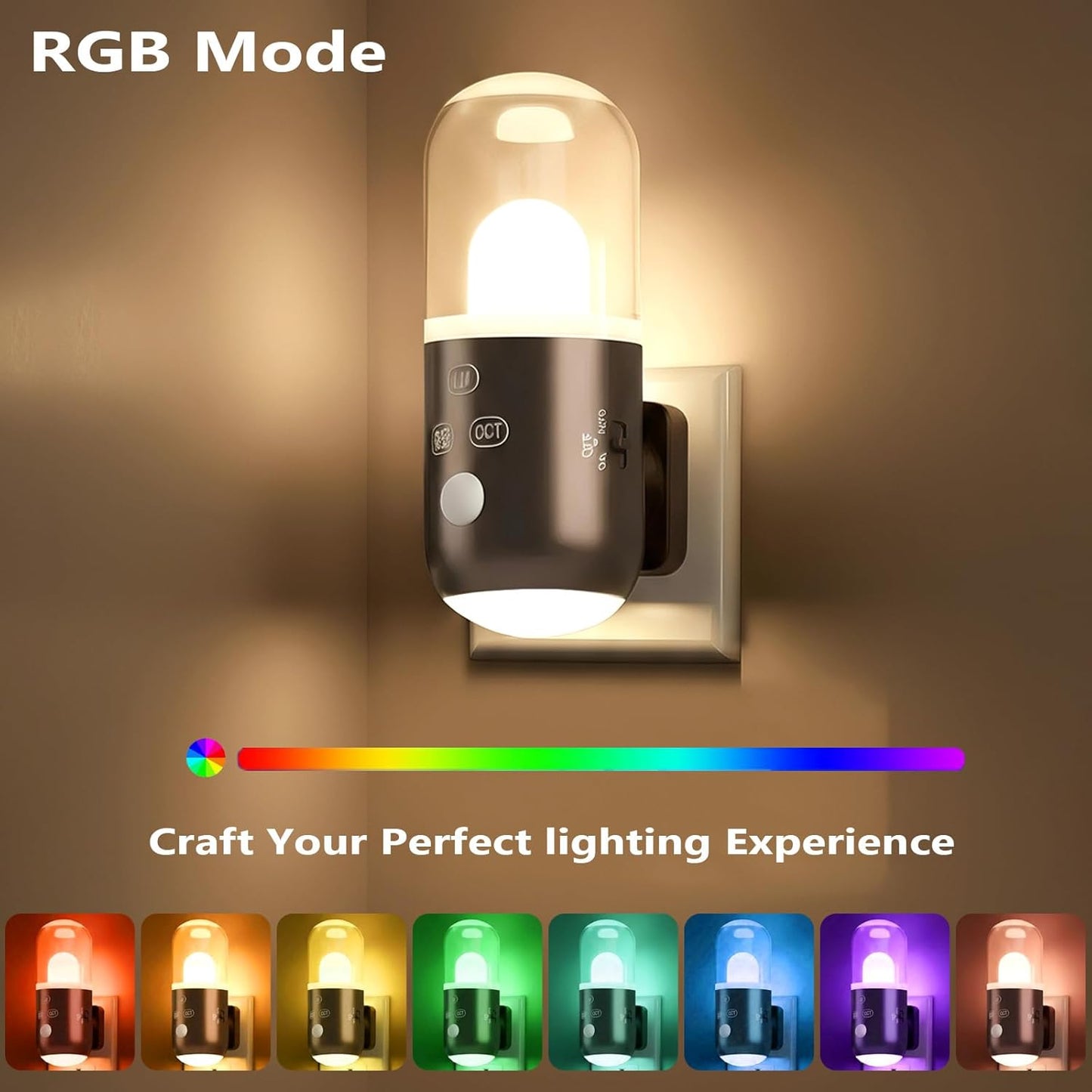 Night Light Plug into Wall with Motion Sensor & Dusk to Dawn Sensor, 3 Color Temperatures,RGB 8 Modes, 5-Level Dimming (20-240 LM) LED Night Light for Bedroom, Hallway, Stairs (White 2pcs)
