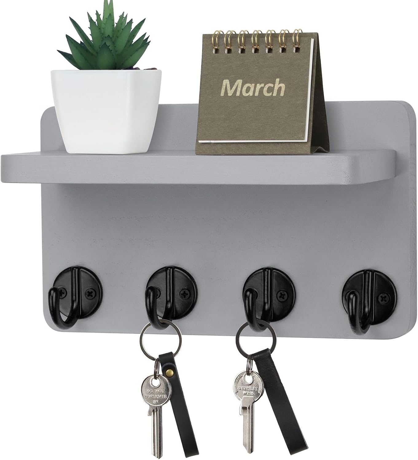 Nekon Key Holder Wall Mount, 8.5 Inch Small Home Decor Wooden Wall Organizer with 4 Hooks and Shelf, Wall Decor for Living Room Entryway Kitchen (Brown)