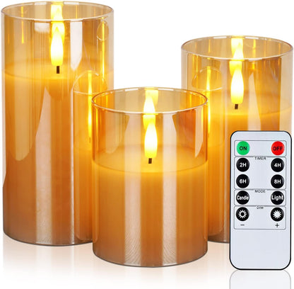 Amagic Clear Glass Flameless Candles Battery Operated with Timer, Remote Control, LED Pillar Candles, Battery Powered, Valentine's Day Decor, Pure White Wax, Set of 3