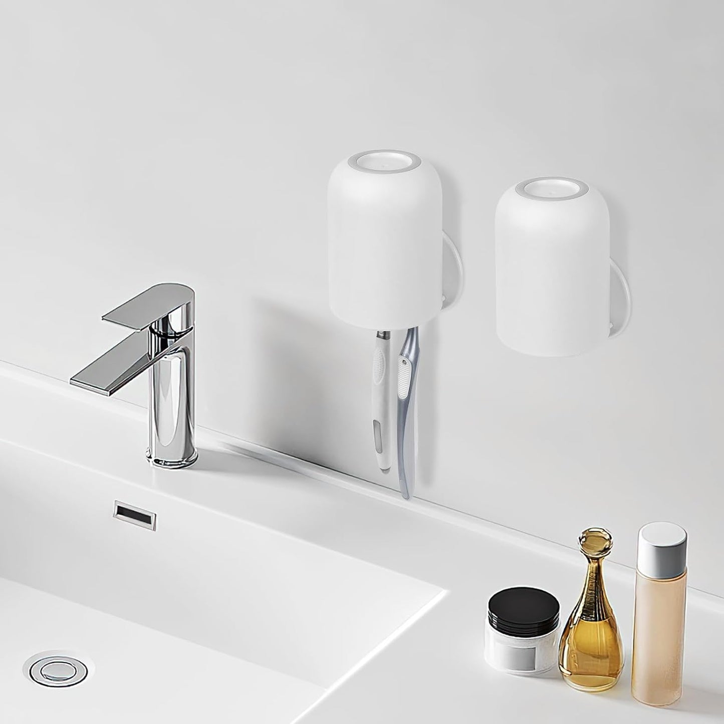 2 PCS Self-Adhesive Toothbrush Holders Wall Mounted, Water Proof Toothbrush Hook, 3 in 1 with Toothbrush Hanger Toothpaste Holder and Gargle Cup Holder for Bathroom Shower (White)