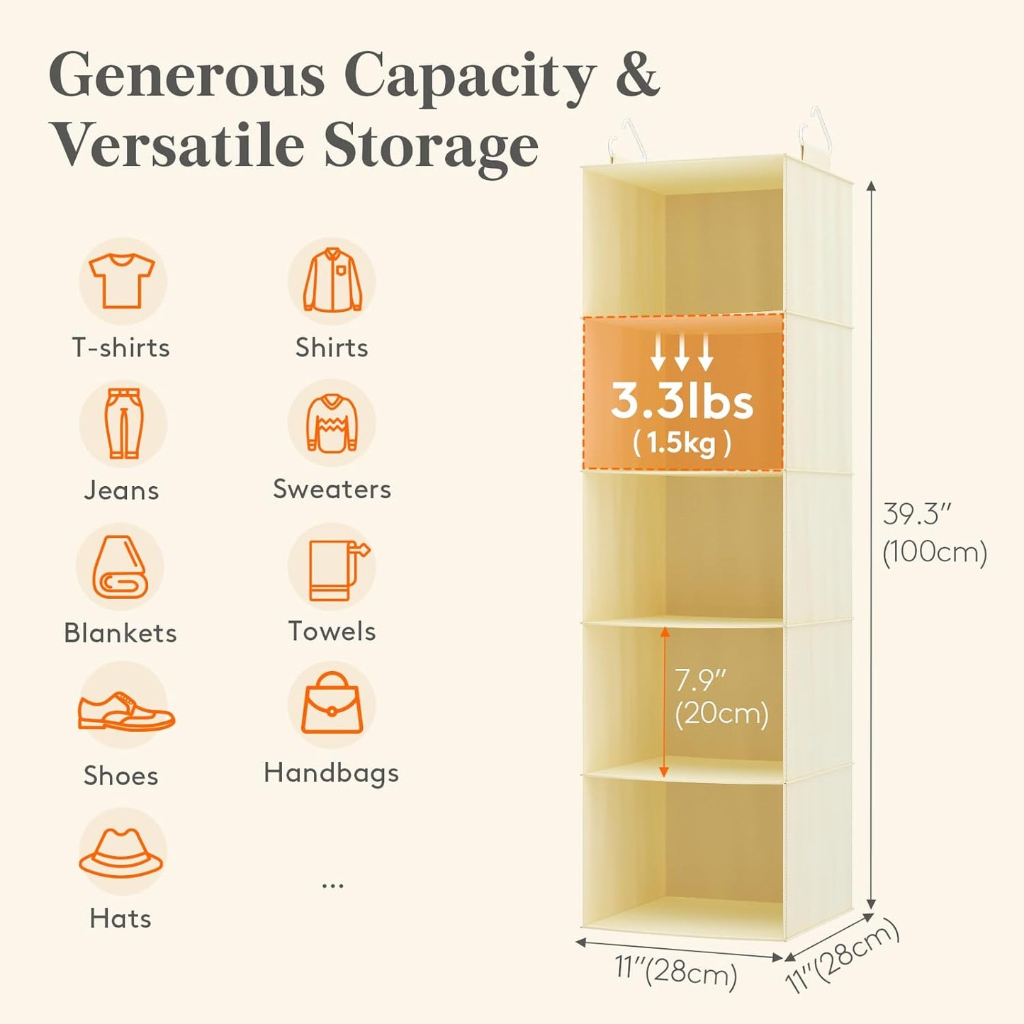 Lifewit 5 Tier Hanging Closet Organizer and Storage for Shelves, Foldable Clothes Shelf with 2 Sturdy Hooks, Sweater/Coat/Shoes Clothing Organization for Wardrobe, Dorm, Bedroom, Gray