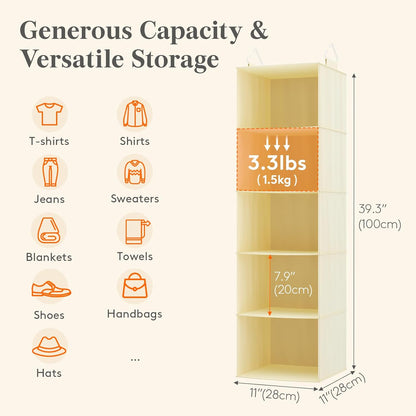 Lifewit 5 Tier Hanging Closet Organizer and Storage for Shelves, Foldable Clothes Shelf with 2 Sturdy Hooks, Sweater/Coat/Shoes Clothing Organization for Wardrobe, Dorm, Bedroom, Gray