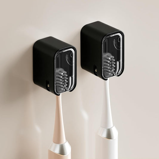 Wall Mounted Toothbrush Holders for Bathroom,Strong Self Adhesive Tooth Brush Holder with Cover, Toothbrush Heads Organizer for Family, 2 Pcs