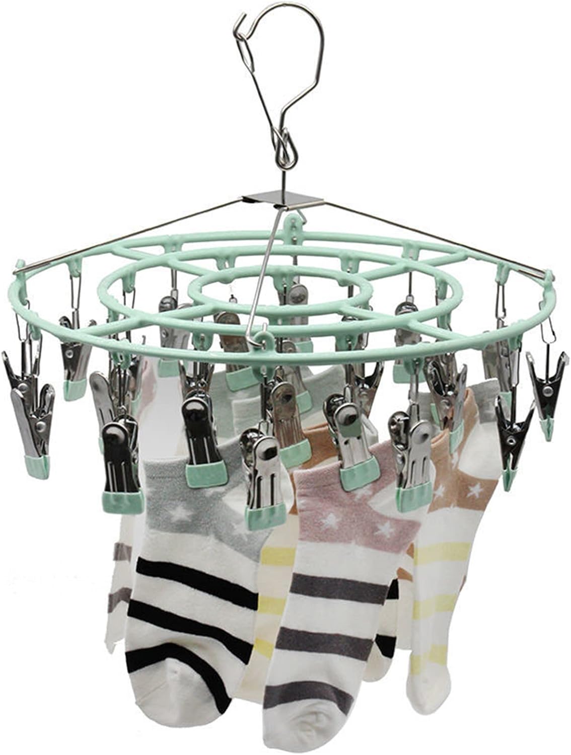 Stainless Steel Clothes Sock Drying Rack with 24 Clips, Swivel Hook Windproof Clothes Hanger Rack for Sock, Bras, Towel, Underwear, Laundry Clothes, Hat, Scarf, Pants, Gloves (Pink Clips)
