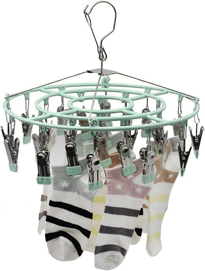 Stainless Steel Clothes Sock Drying Rack with 24 Clips, Swivel Hook Windproof Clothes Hanger Rack for Sock, Bras, Towel, Underwear, Laundry Clothes, Hat, Scarf, Pants, Gloves (Pink Clips)