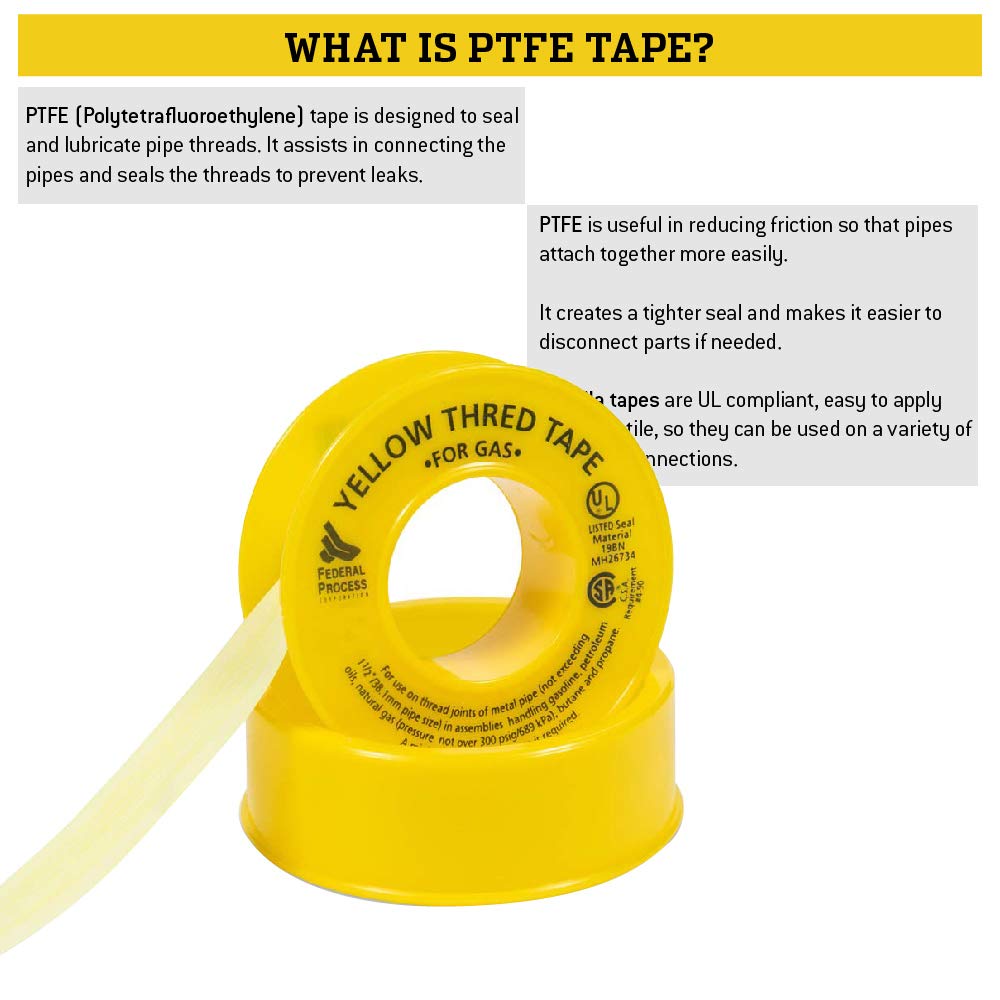 Gasoila Yellow PTFE Thread Seal Tape – Professional-Grade, 1/2 Inch x 260 Inch, High-Density Thread Tape for Gas Lines– Leak-Proof Seal, Non-Toxic
