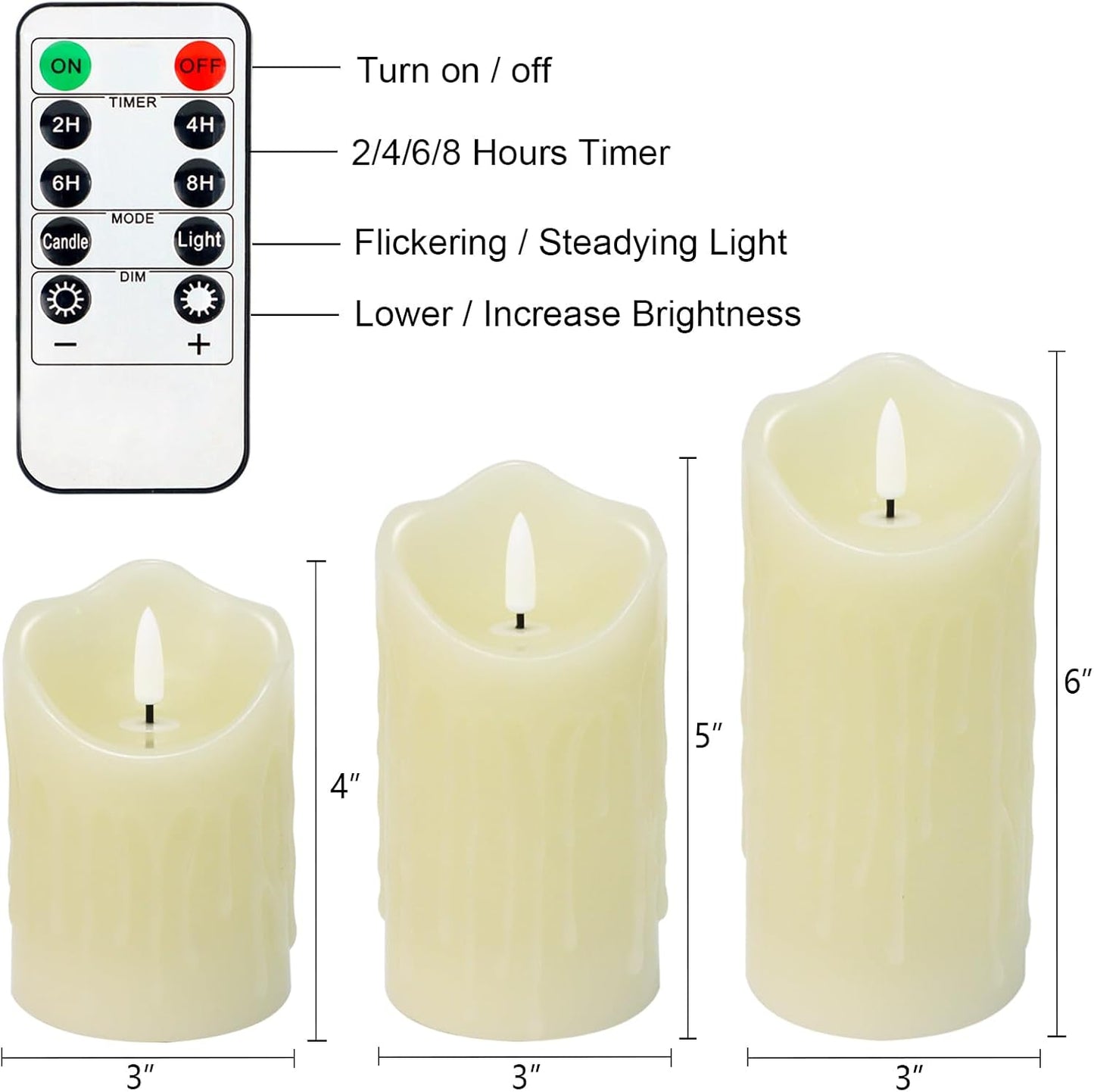 Flameless Candles Battery Operated with Remote Timer, 3D Flame Flickering, Last 500+ Hours Battery Candles, Ivory Real Wax LED Pillar Candle for Wedding Home Christmas Decorations, Set of 3