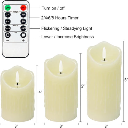 Flameless Candles Battery Operated with Remote Timer, 3D Flame Flickering, Last 500+ Hours Battery Candles, Ivory Real Wax LED Pillar Candle for Wedding Home Christmas Decorations, Set of 3