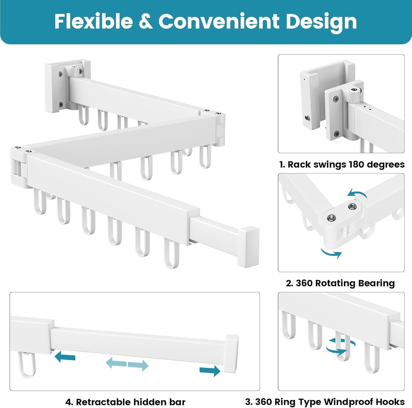 Abiglifty Clothes Drying Rack Wall Mounted, Laundry Drying Rack Collapsible, Foldable & Retractablewith 18 Hooks for Indoor/Outdoor Use inLaundry Room, Bathroom & Balcony (White)
