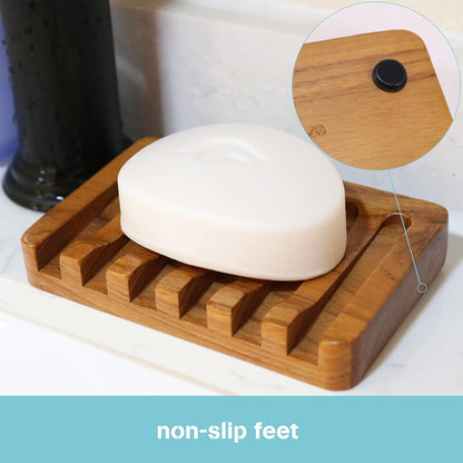 HTB Soap Dish with Slanted Waterfall Design,Teak Wood Bar Soap Holder | Soap Saver Keep Soap Bar Dry,Extend Soap Life,Non-slip Soap Tray for Shower,Bathroom,Sink,Kitchen,Countertop,Self Draining