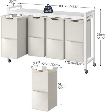 HOOBRO Laundry Sorter 4 Sections, Laundry Hamper with Wheels, 4 × 10.5 Gal (40 L), Rolling Laundry Basket, Pull-Out and Removable Oxford Fabric Bags, Rustic Brown and Black BF04XY01